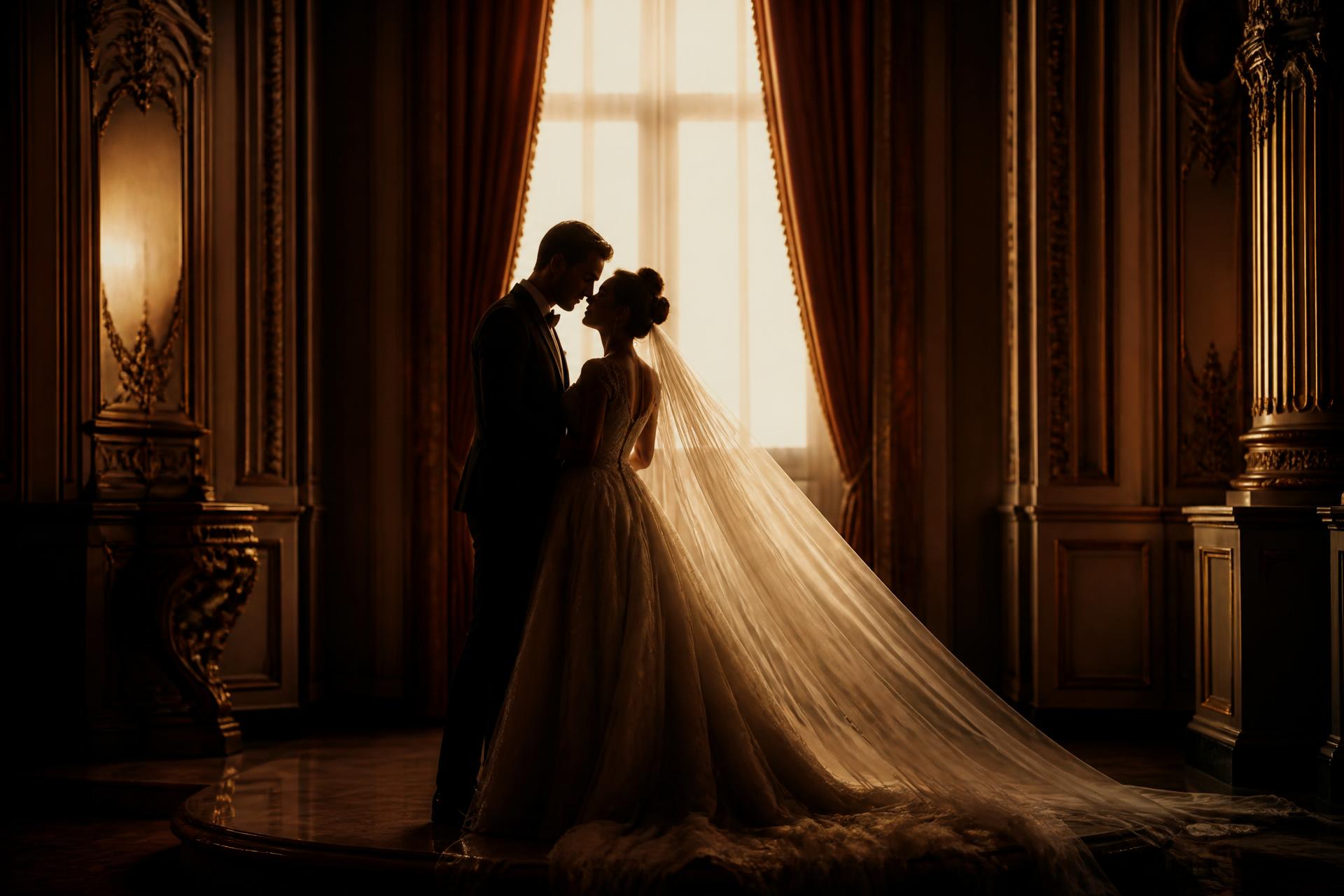 Bride and groom in golden window light captured by Leo De La Cruz Studios